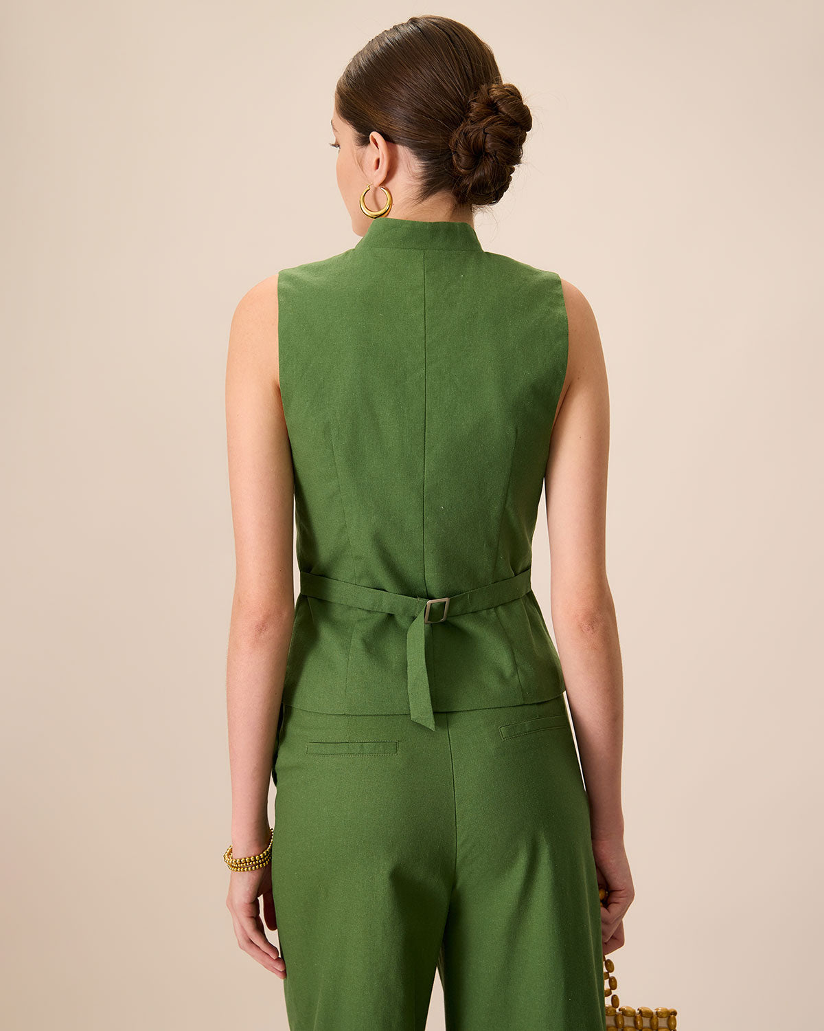 Women's Green Single Breasted Cotton Linen Vest