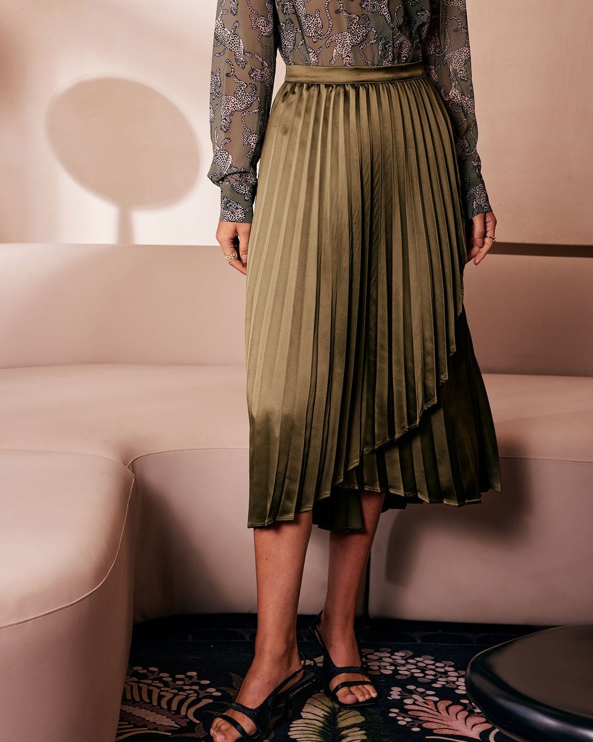 The Green Pleated Tulip Hem Satin Midi Skirt