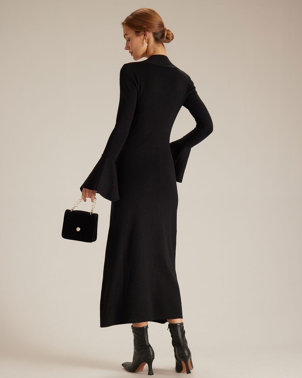 The Black Square Neck Flare Sleeve Midi Dress