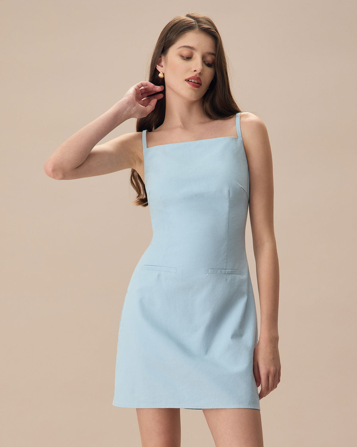 The Blue Square Neck Linen Slip Mini Dress