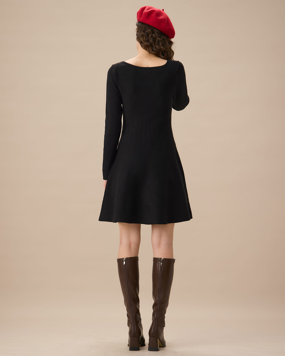 Black Square Neck Ribbed Sweater Dress