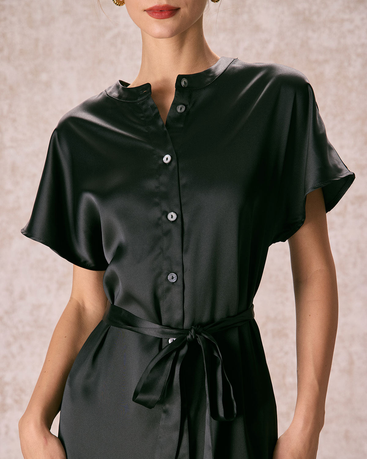 The Black Crew Neck Belted Satin Midi Dress