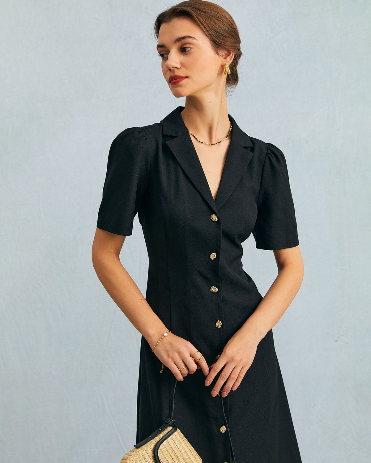 The Black V Neck Button Puff Sleeve Midi Dress