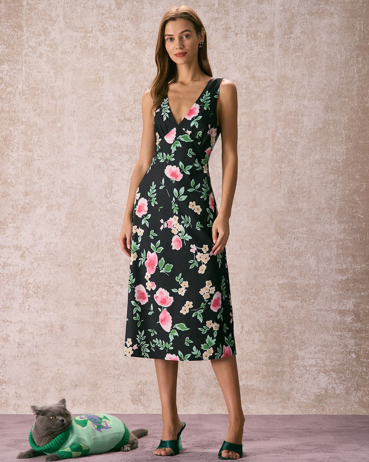 The Black V Neck Tie Back Floral Midi Dress