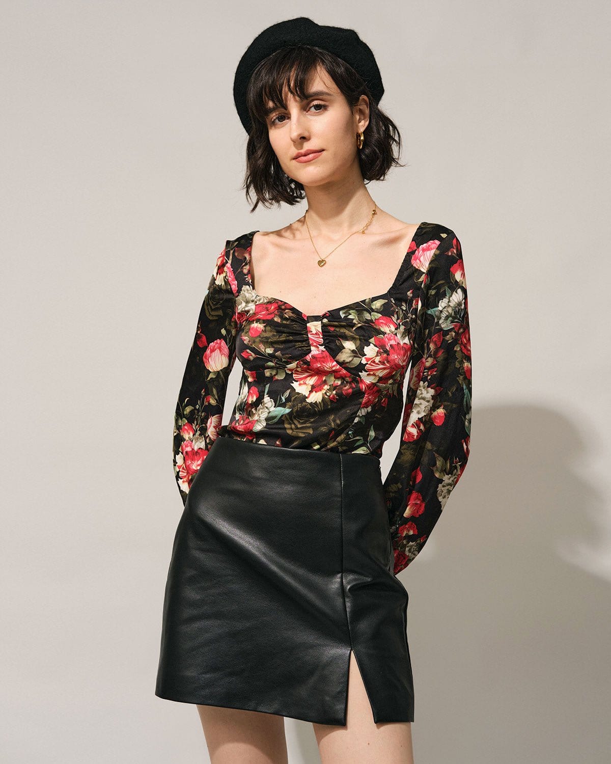 The Black Square Neck Floral Satin Blouse