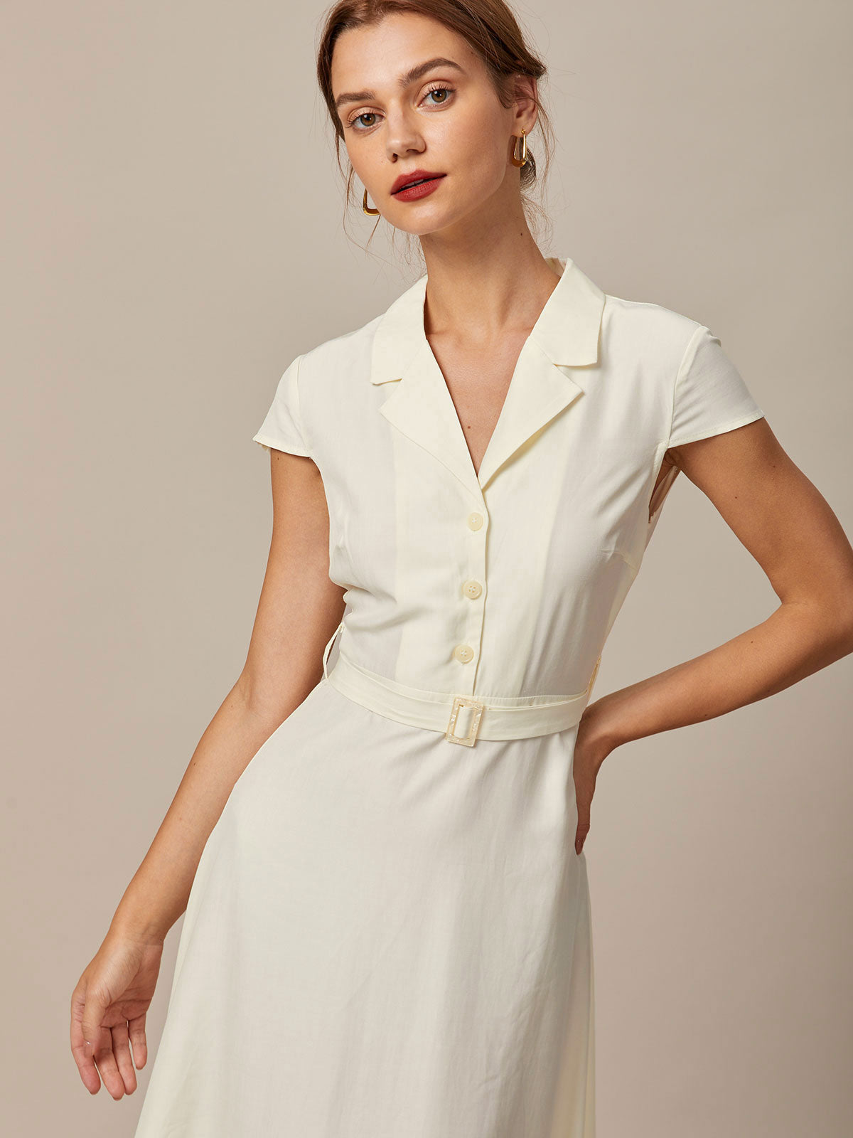 The Beige Lapel Cap Sleeve Shirt Midi Dress