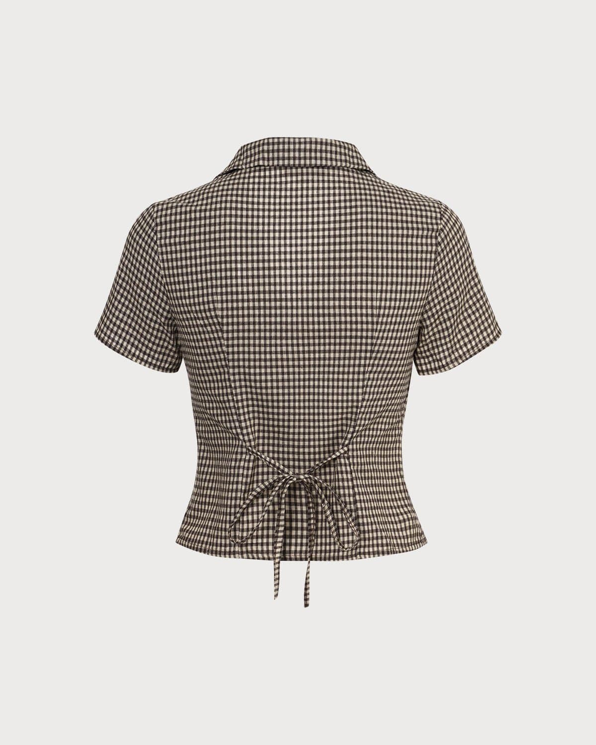 The Brown Lapel Plaid Short Sleeve Blouse