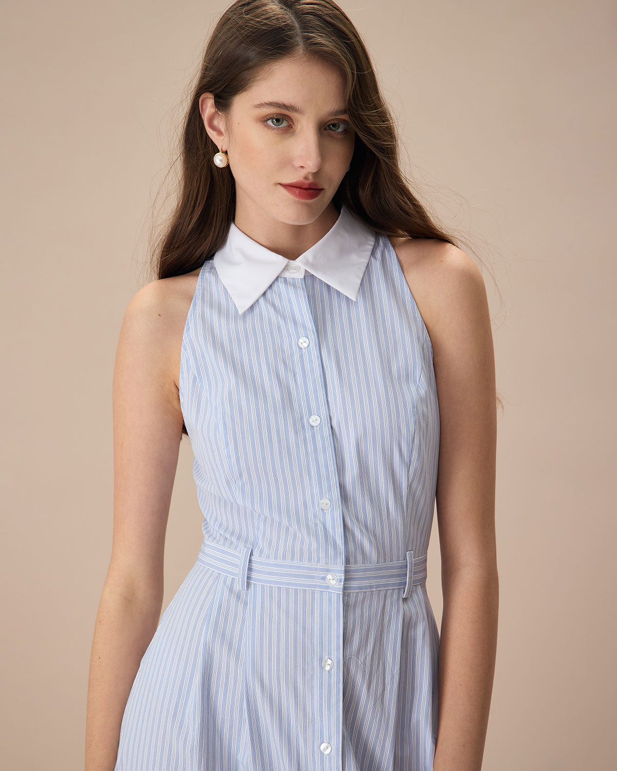 The Blue Lapel Button-Up Striped Midi Dress