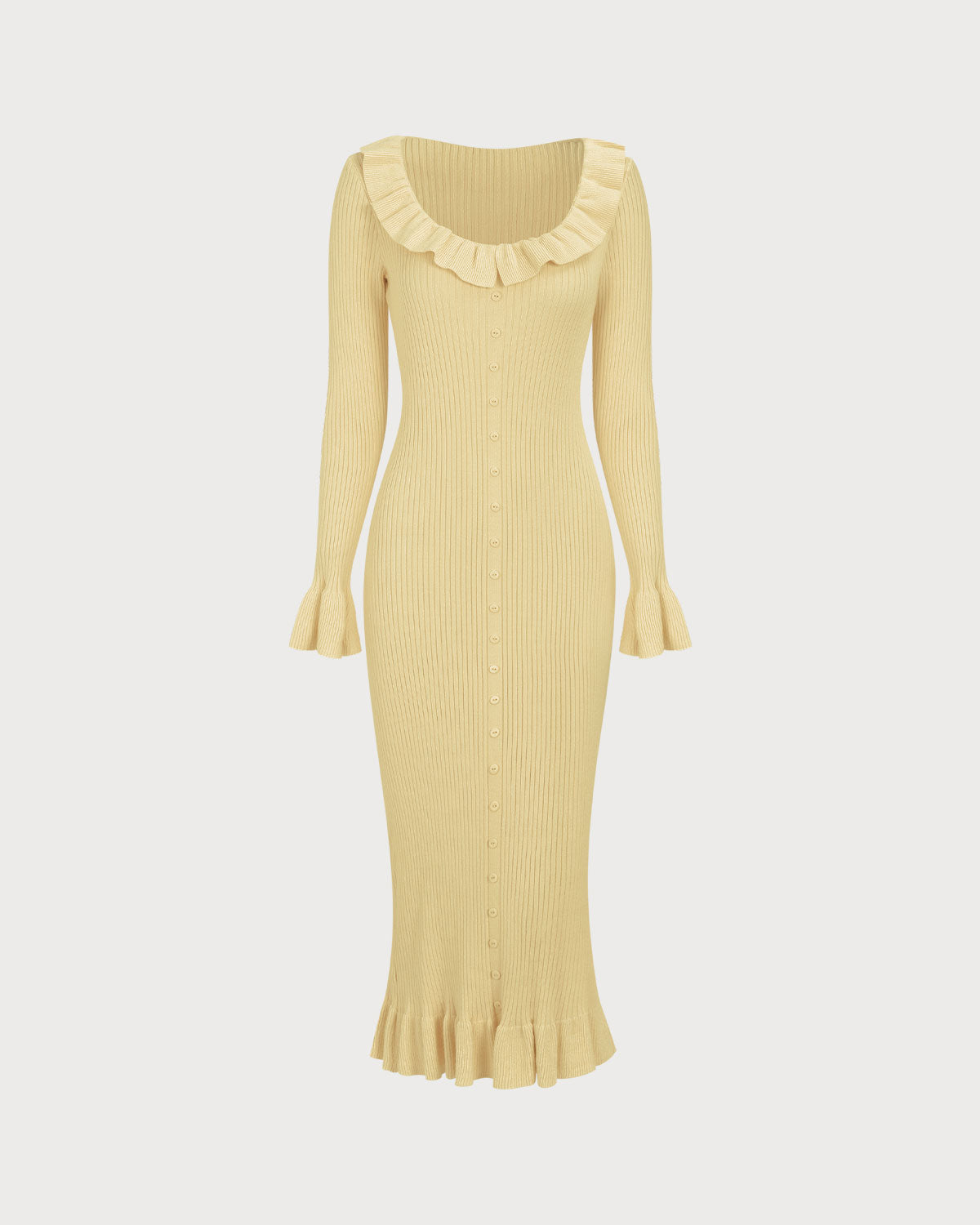 Yellow U-Neck Ruffle Bodycon Sweater Dress