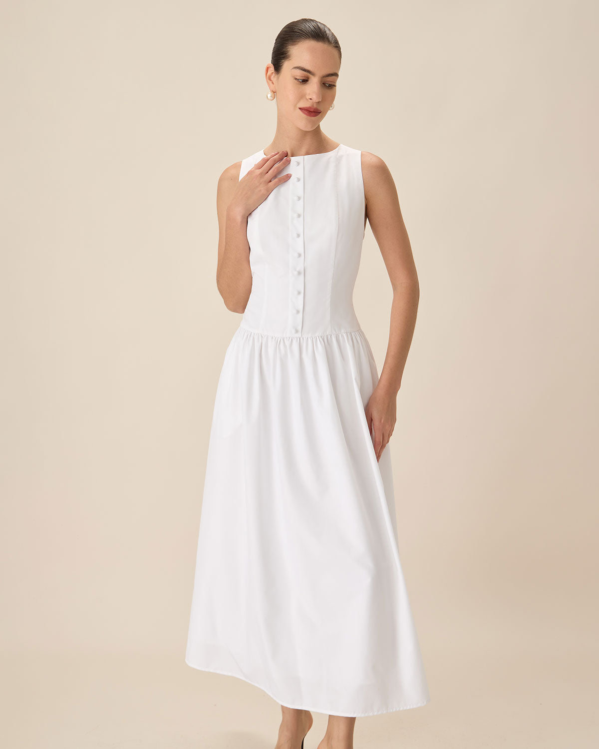 White Round Neck Pocket Maxi Dress