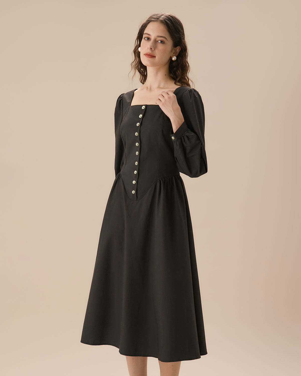 Black Square Neck Puffed Sleeve Midi Dress