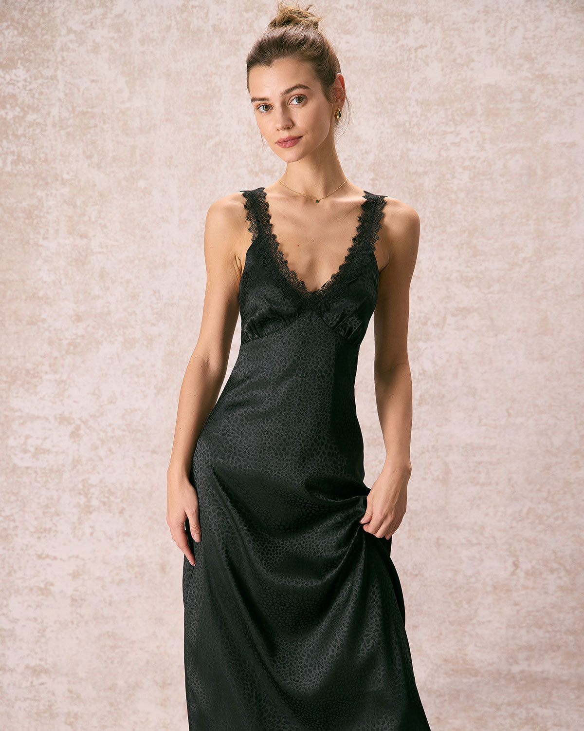 The Black V Neck Lace Jacquard Maxi Dress