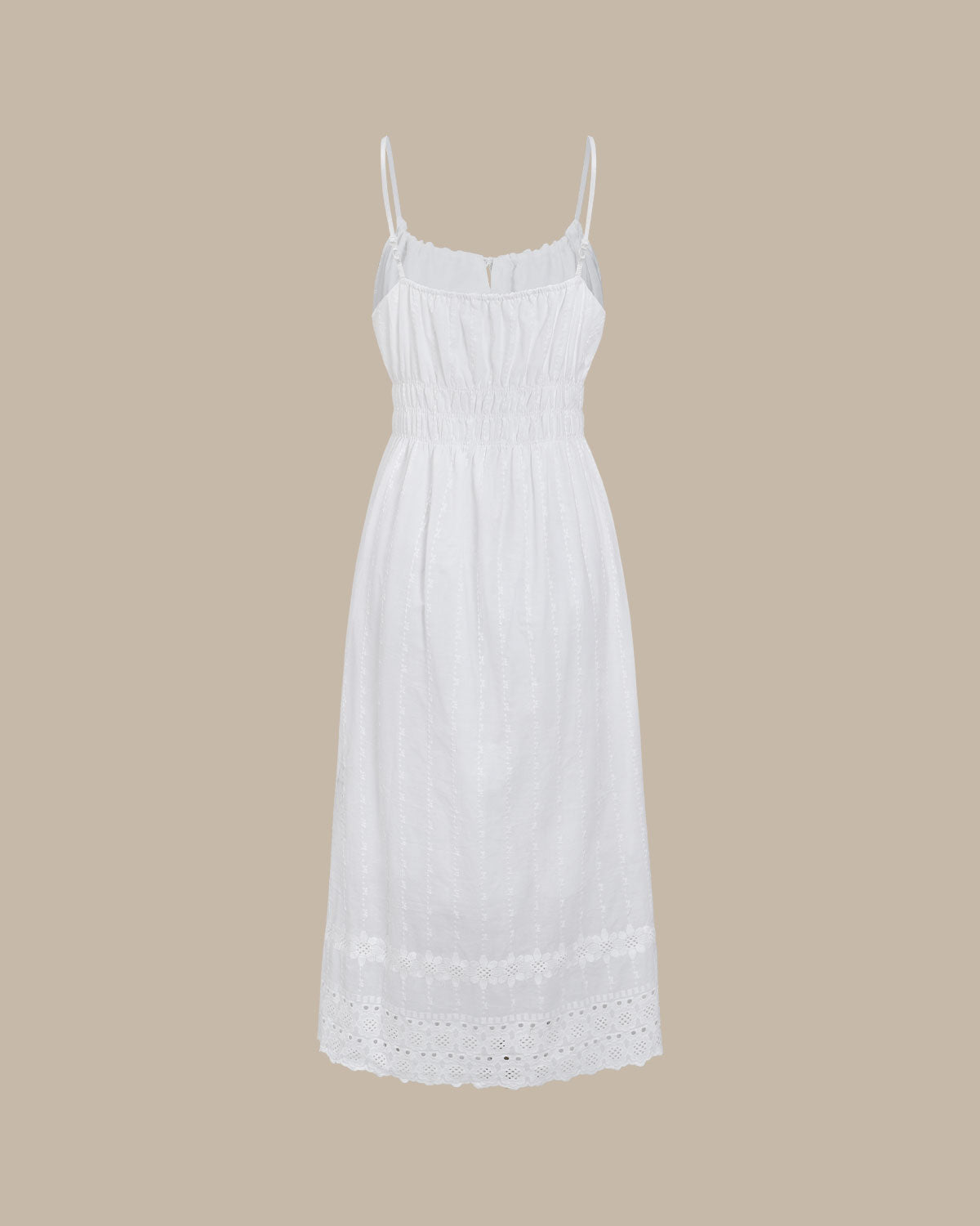 White Embroidery Shirred Slip Midi Dress