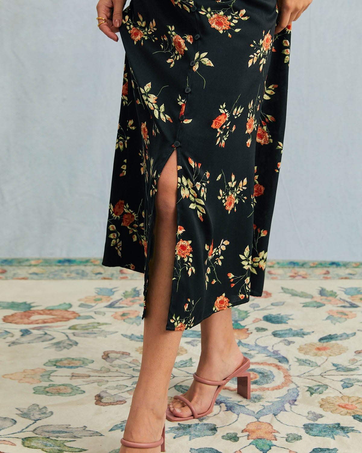 The Black V Neck Floral Short Sleeve Maxi Dress