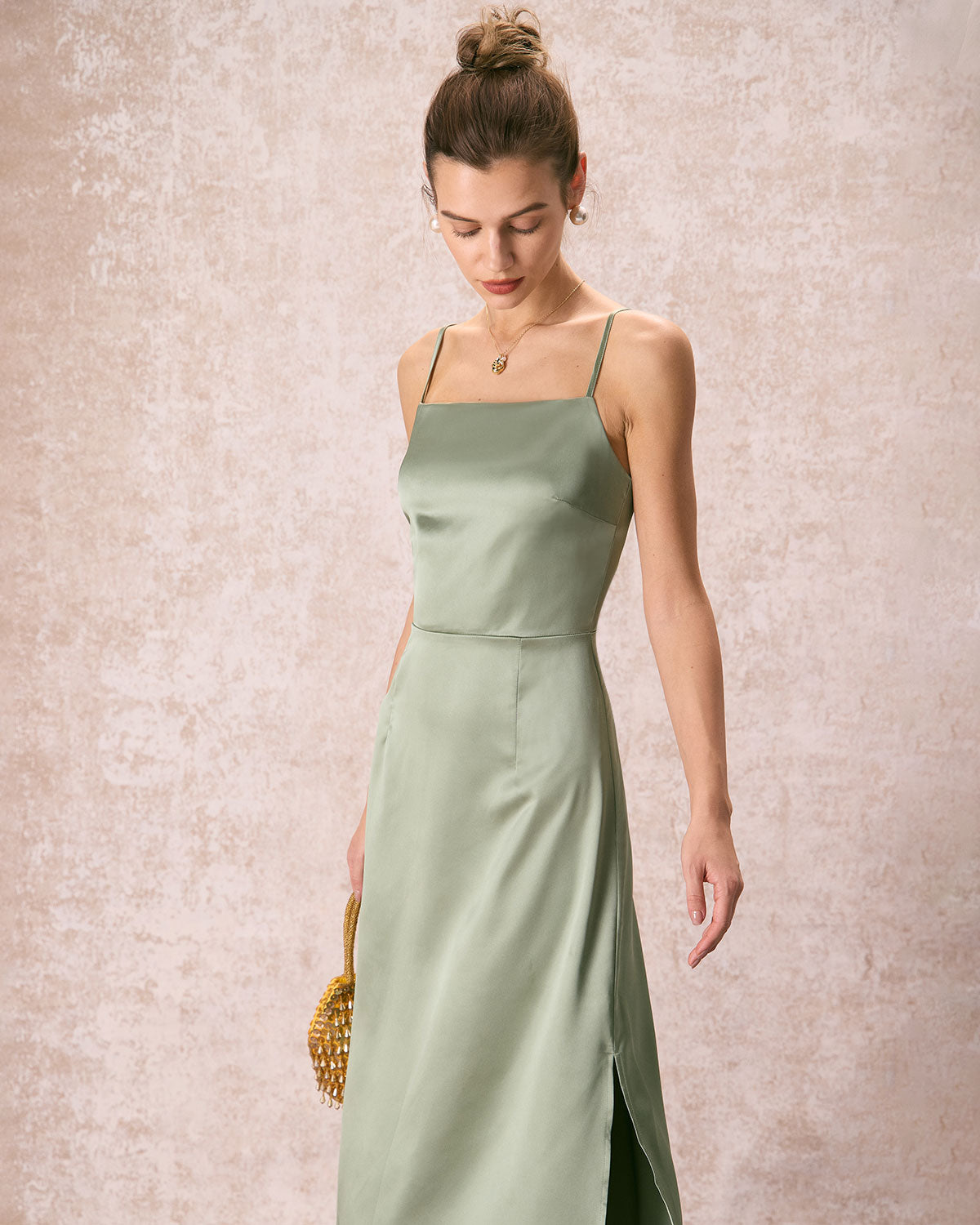 The Green Square Neck Satin Slip Midi Dress