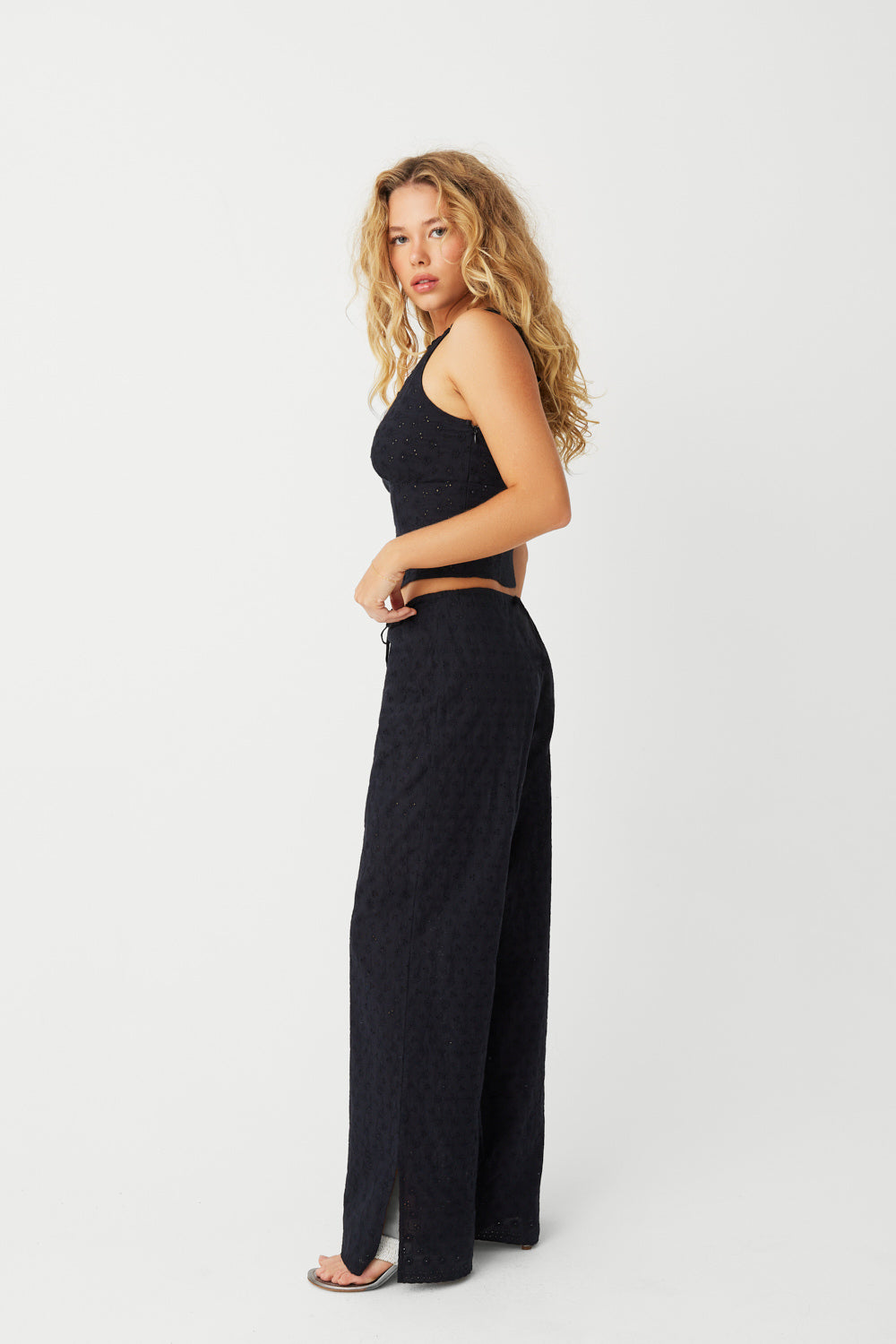 Daisy Eyelet Low Rise Pant - Black