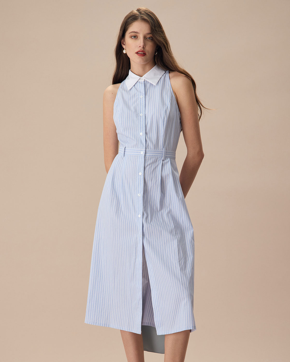 The Blue Lapel Button-Up Striped Midi Dress