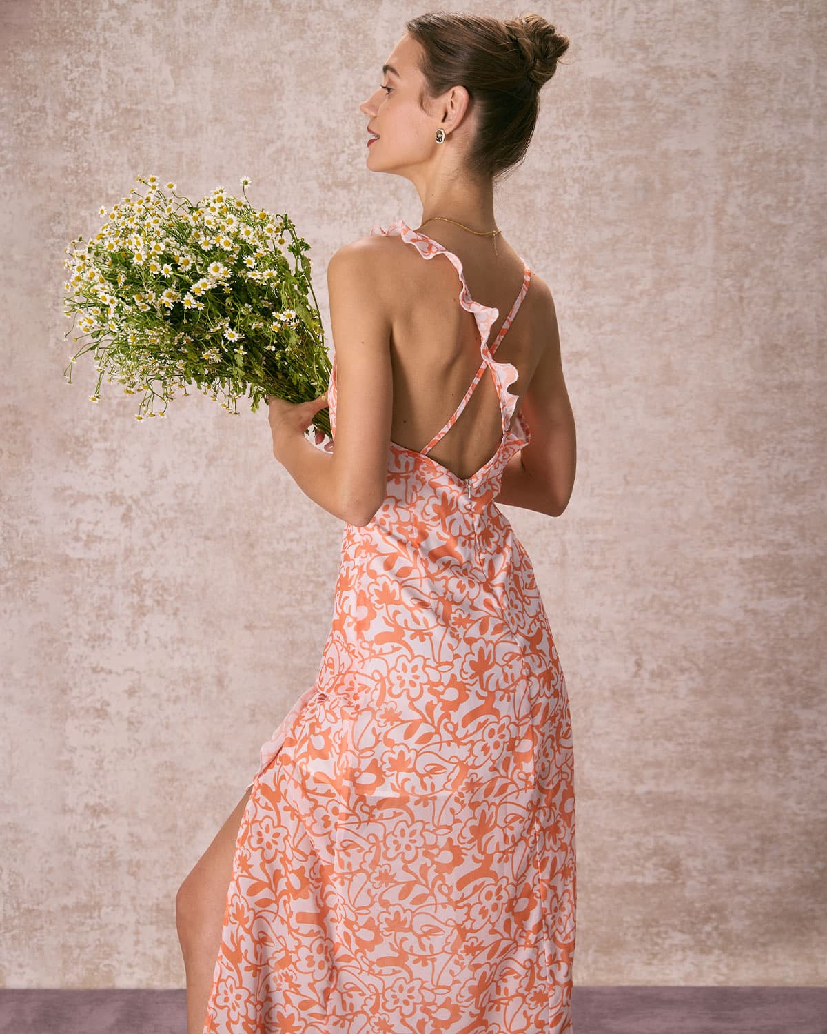 The Orange V Neck Floral Ruffle Maxi Dress