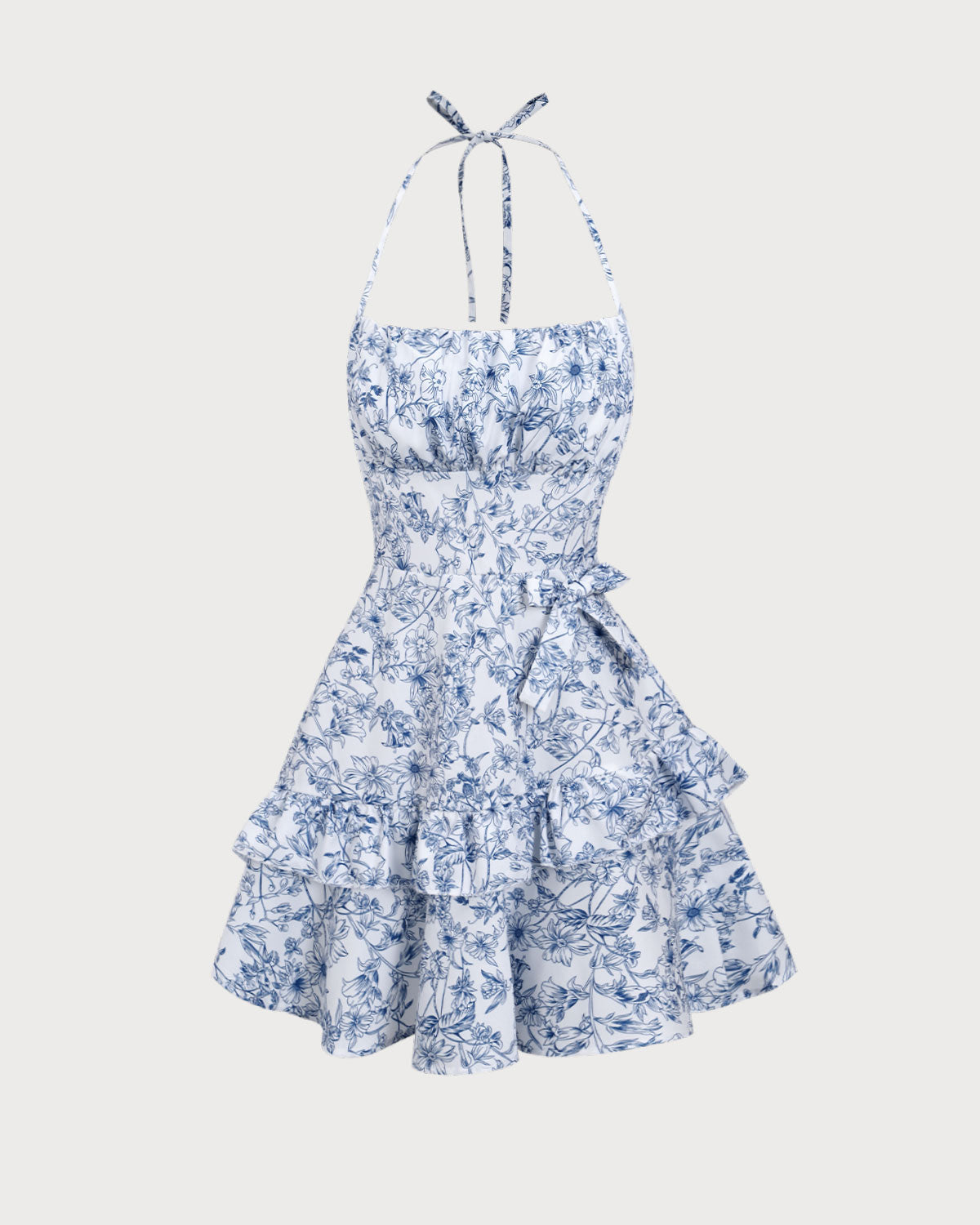 Blue Floral Tiered Halter Mini Dress