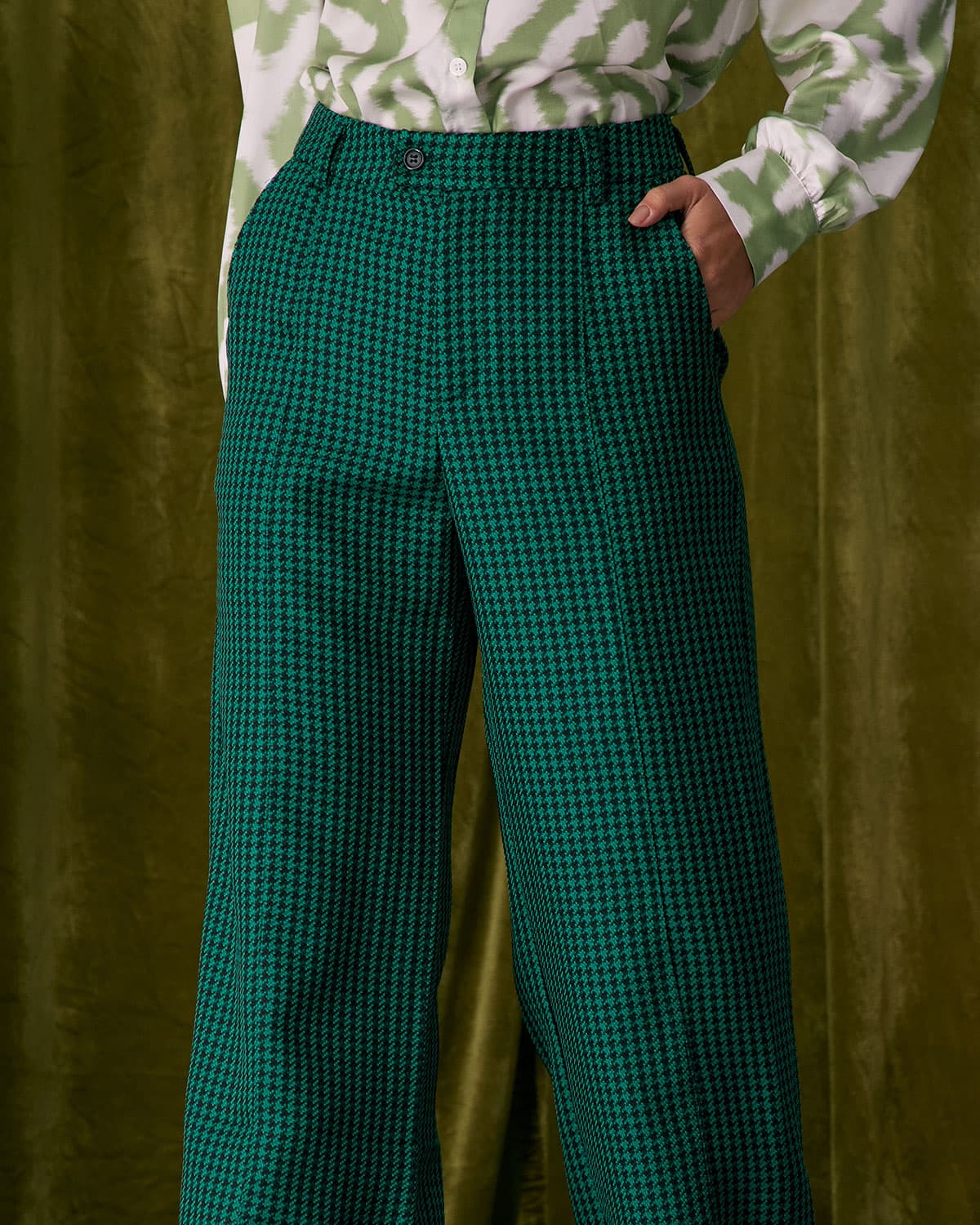 The Green Houndstooth Wide Leg Pants