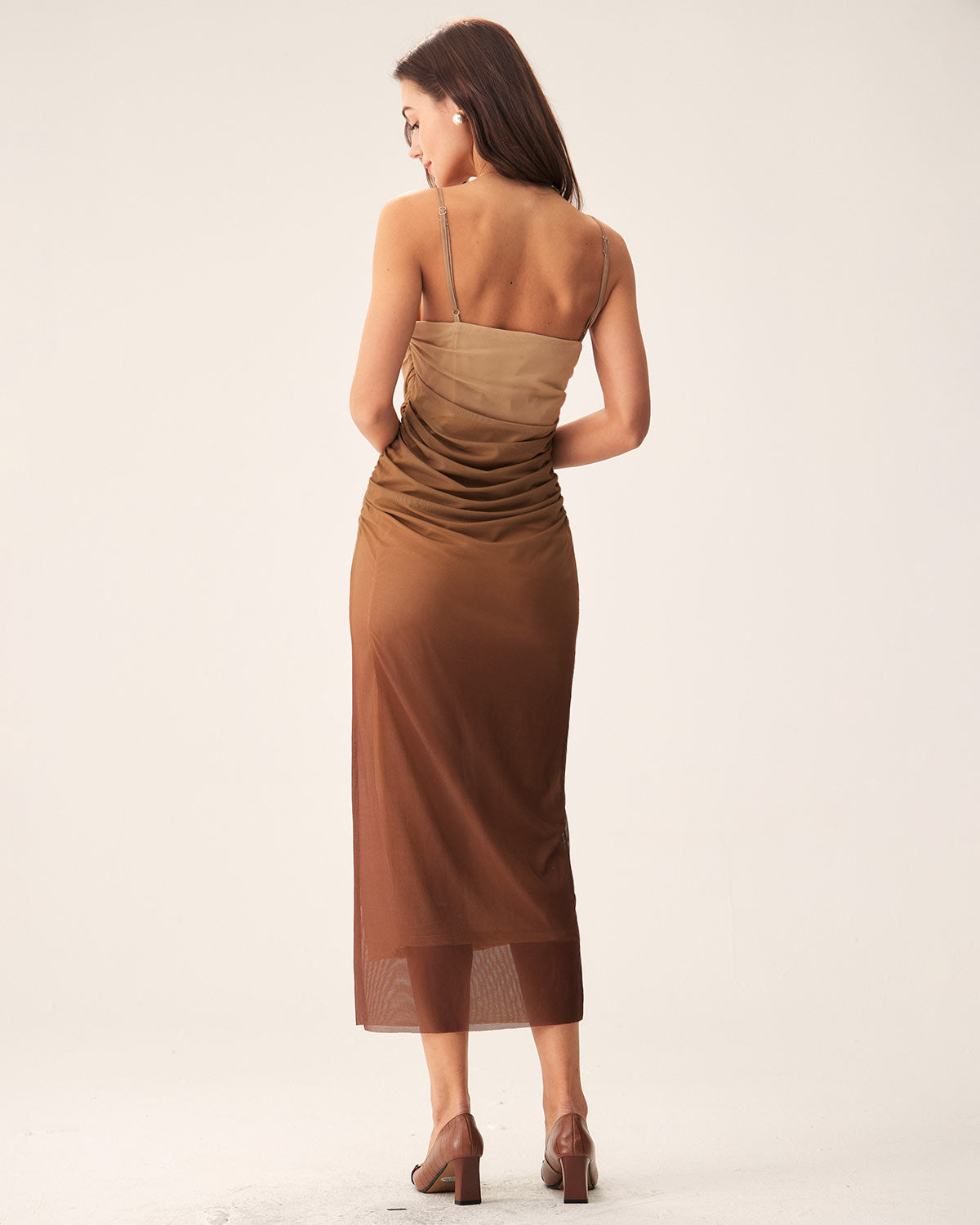 Brown Ruched Mesh Slip Midi Dress