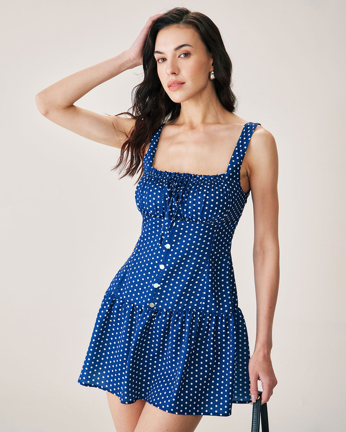 Blue Polka Dot Ruched Slip Mini Dress