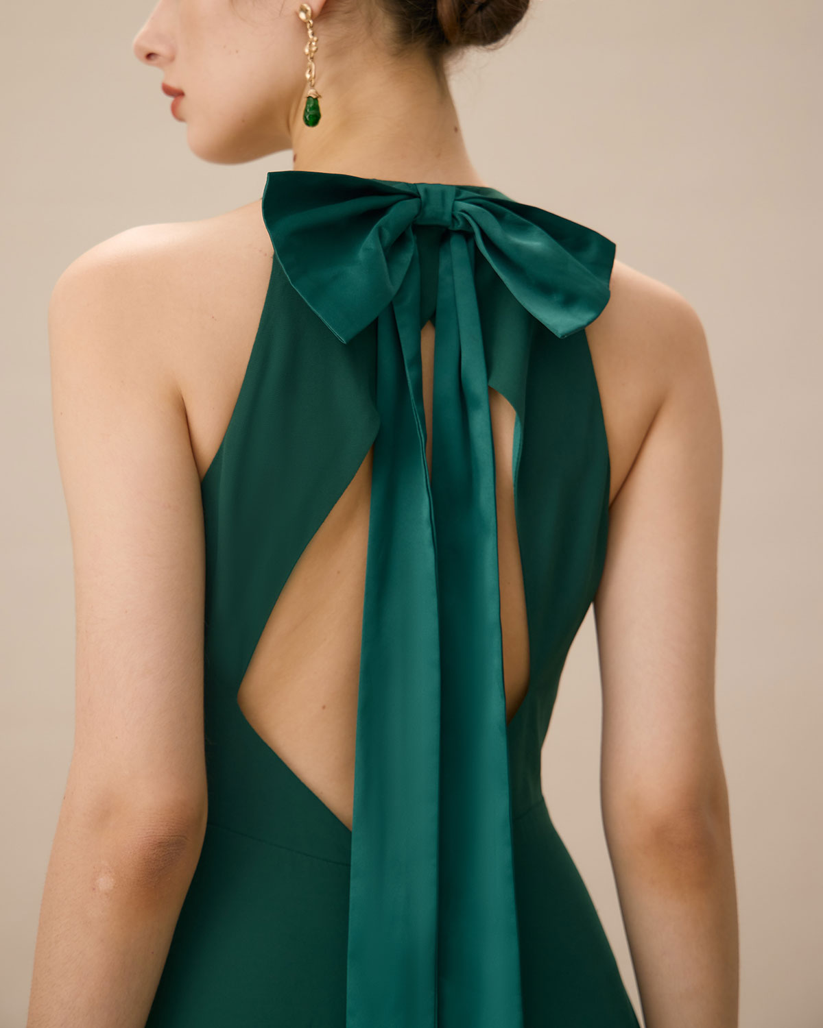 Green Halter Bowknot Back Maxi Dress