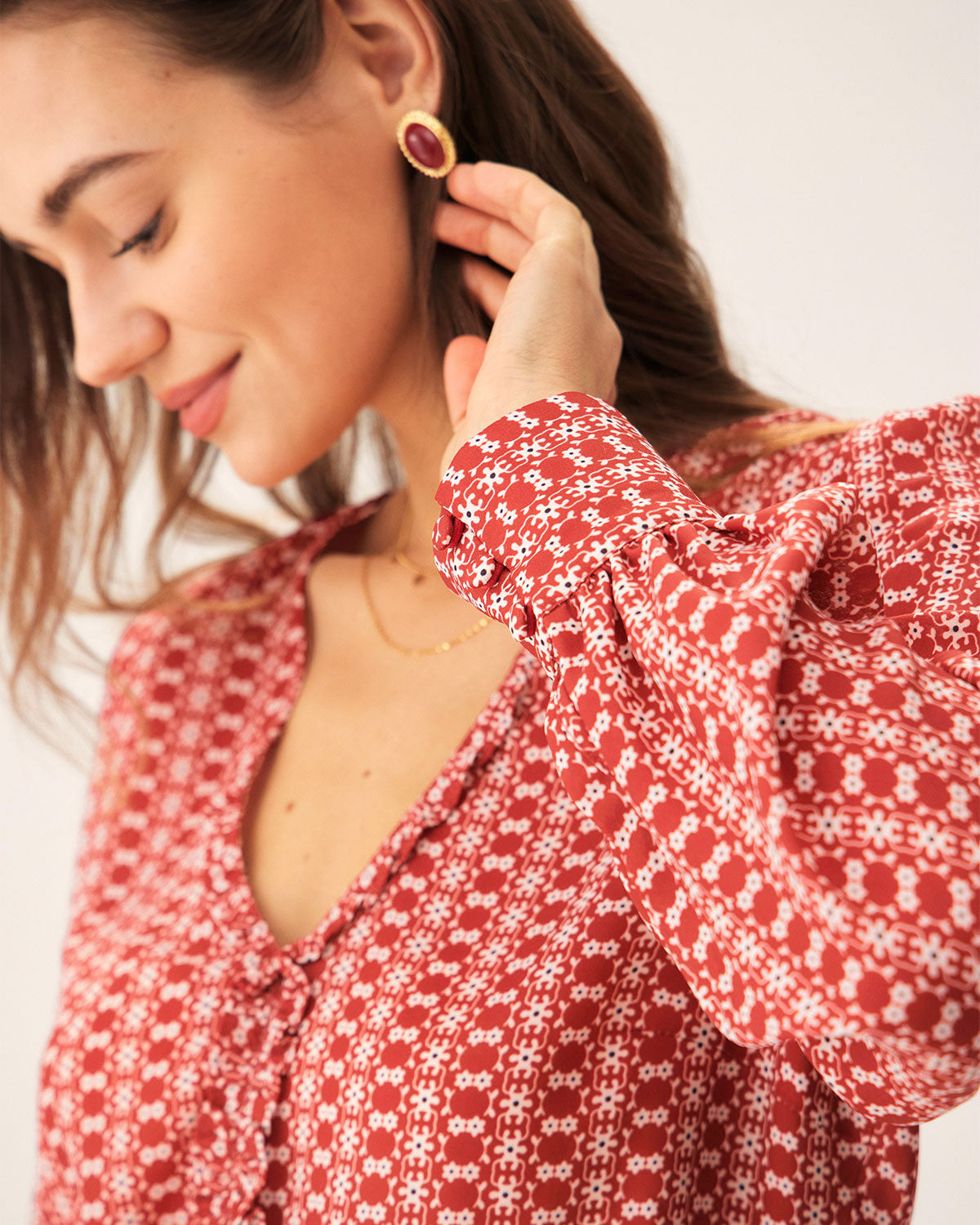 Red Floral V Neck Blouse