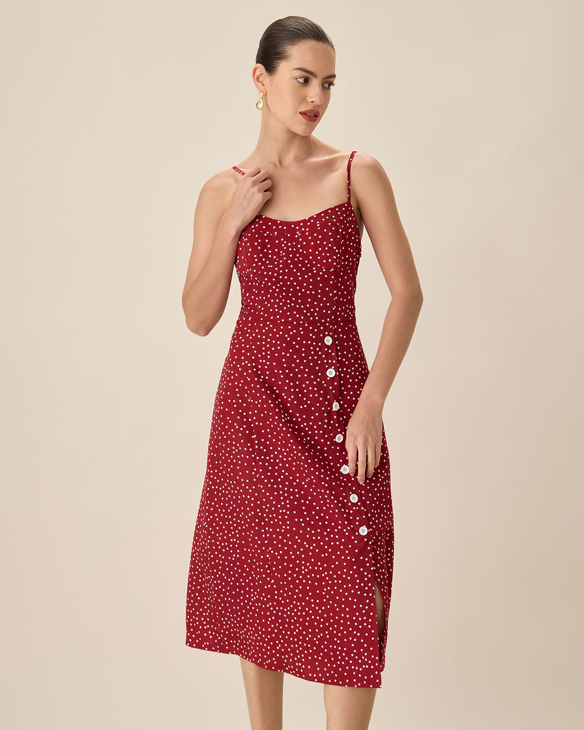 Red Polka Dot Slip Midi Dress