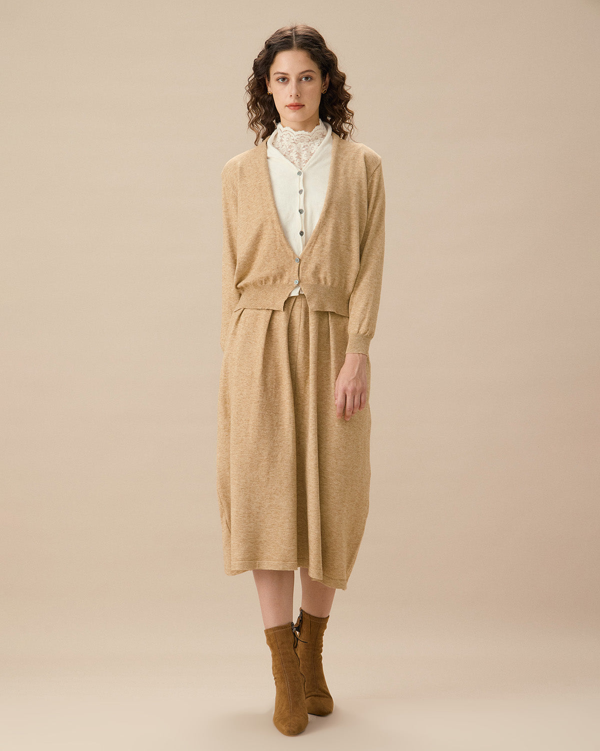 Camel V Neck Cardigan Skirt Set