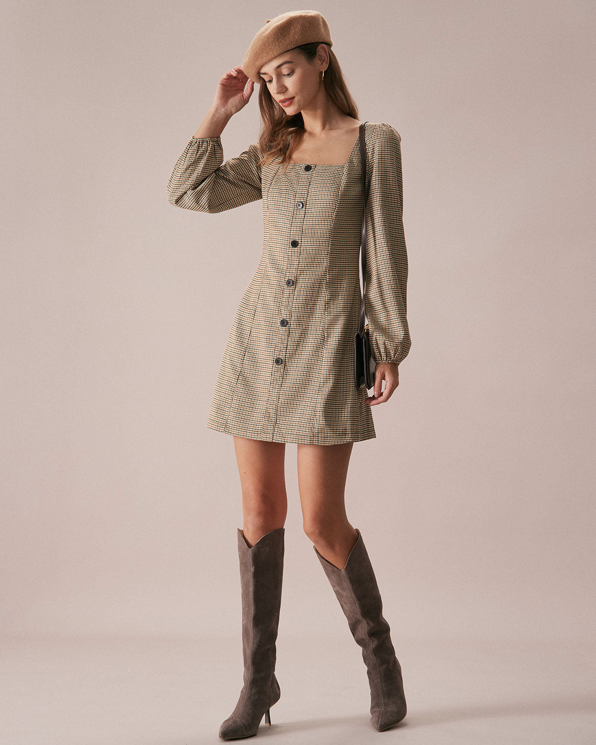 The Khaki Square Neck Plaid Button Mini Dress