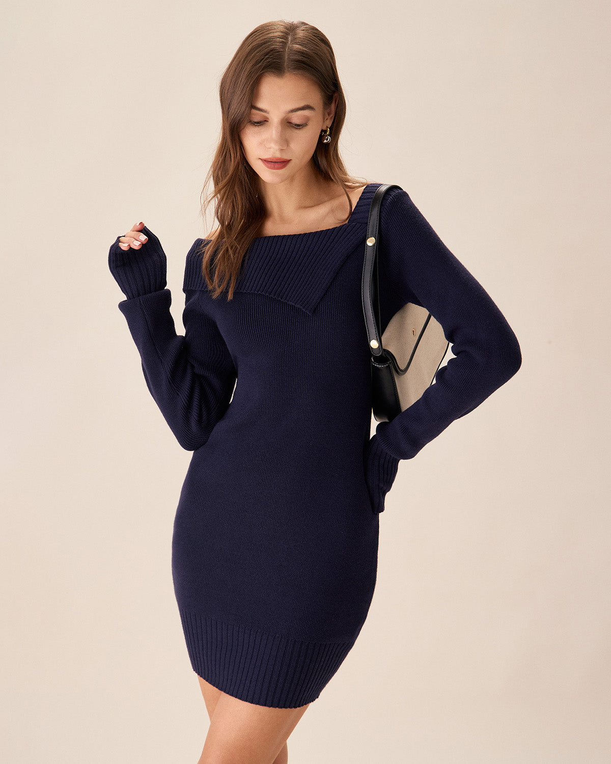 Navy Off The Shoulder Bodycon Sweater Dress