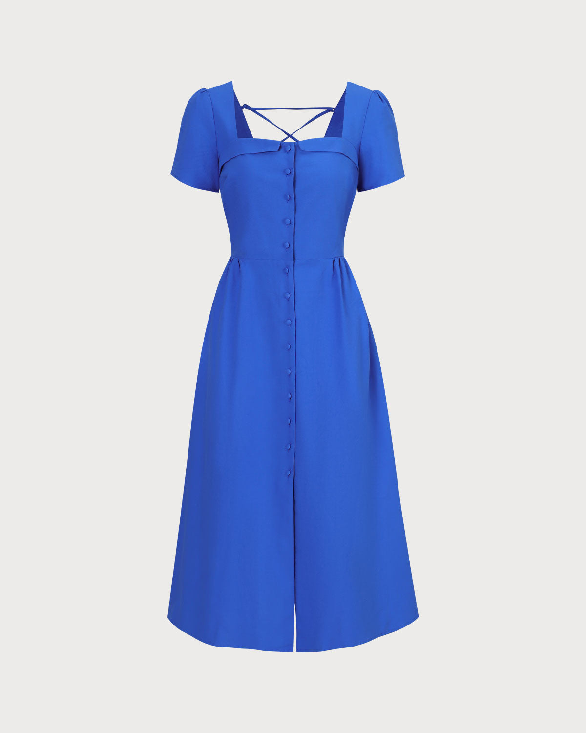 The Blue Sweetheart Neck Button Midi Dress