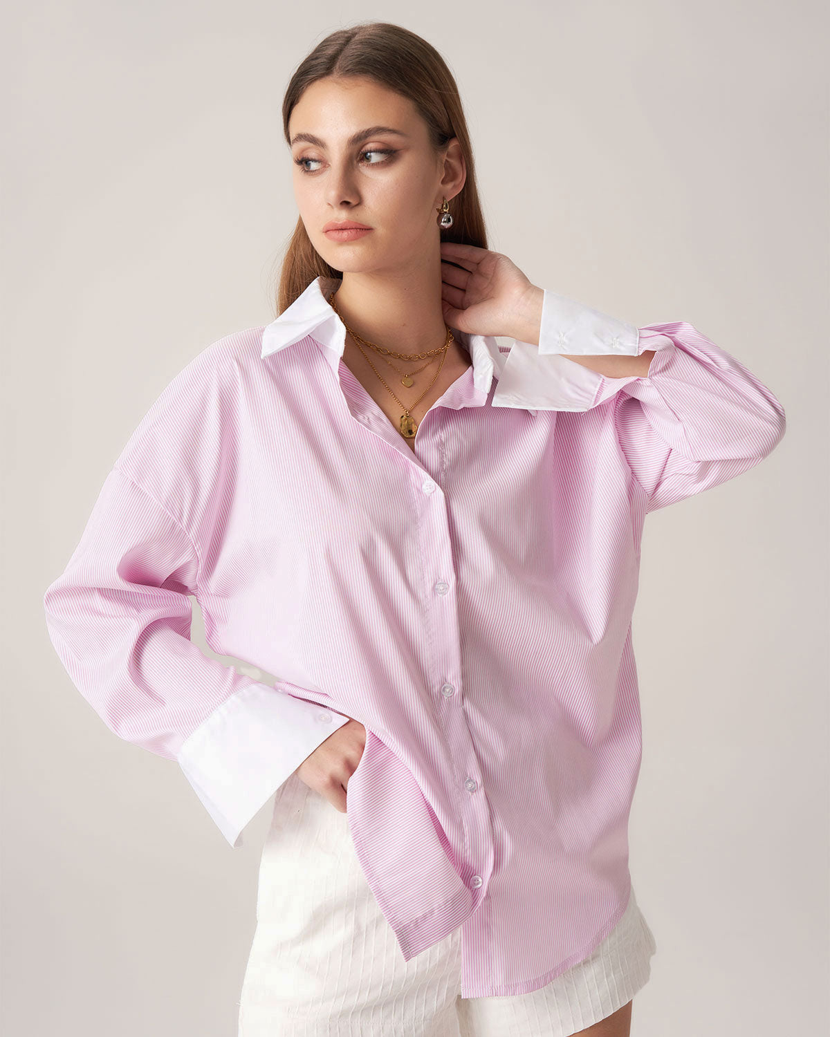 Bettydress Pink Contrast Striped Loose Shirt