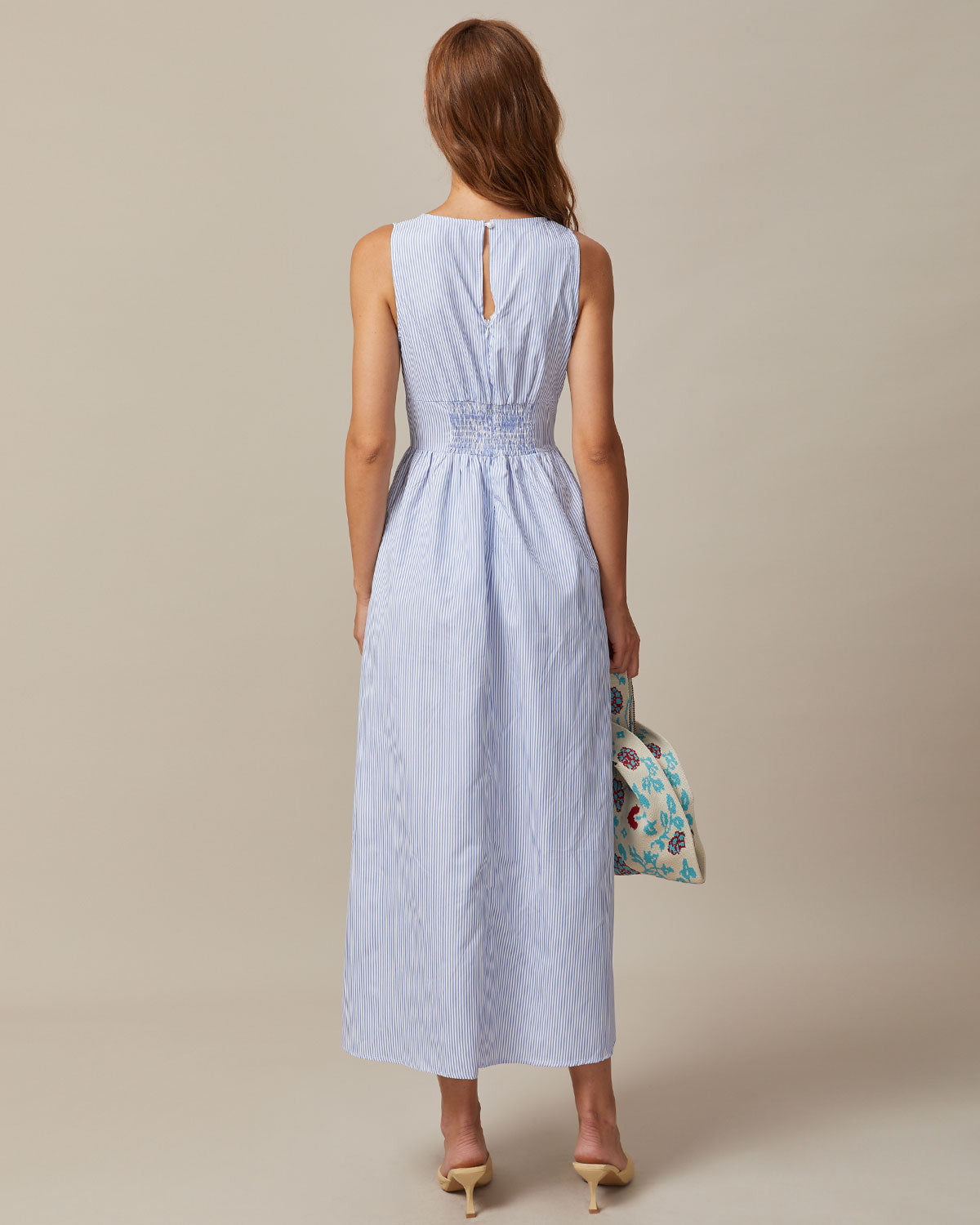 The Blue V Neck Shirred Striped Maxi Dress