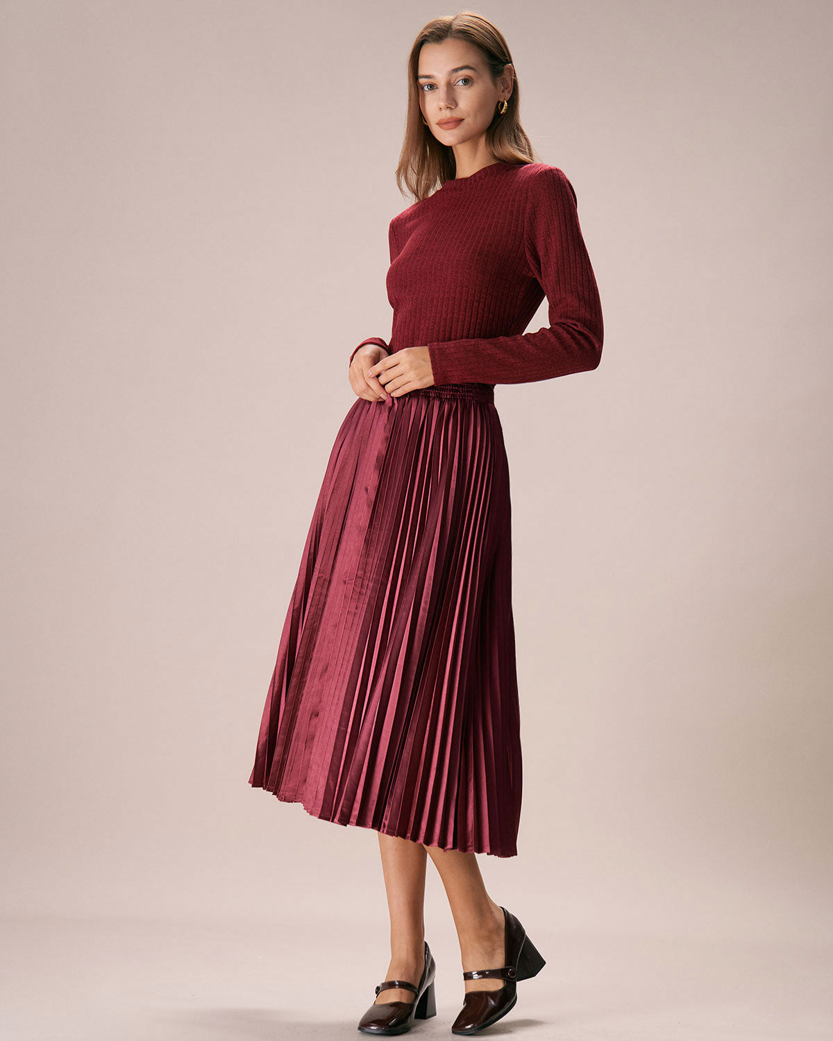 The Wine Red Elastic Waist Pleated Midi Skirt