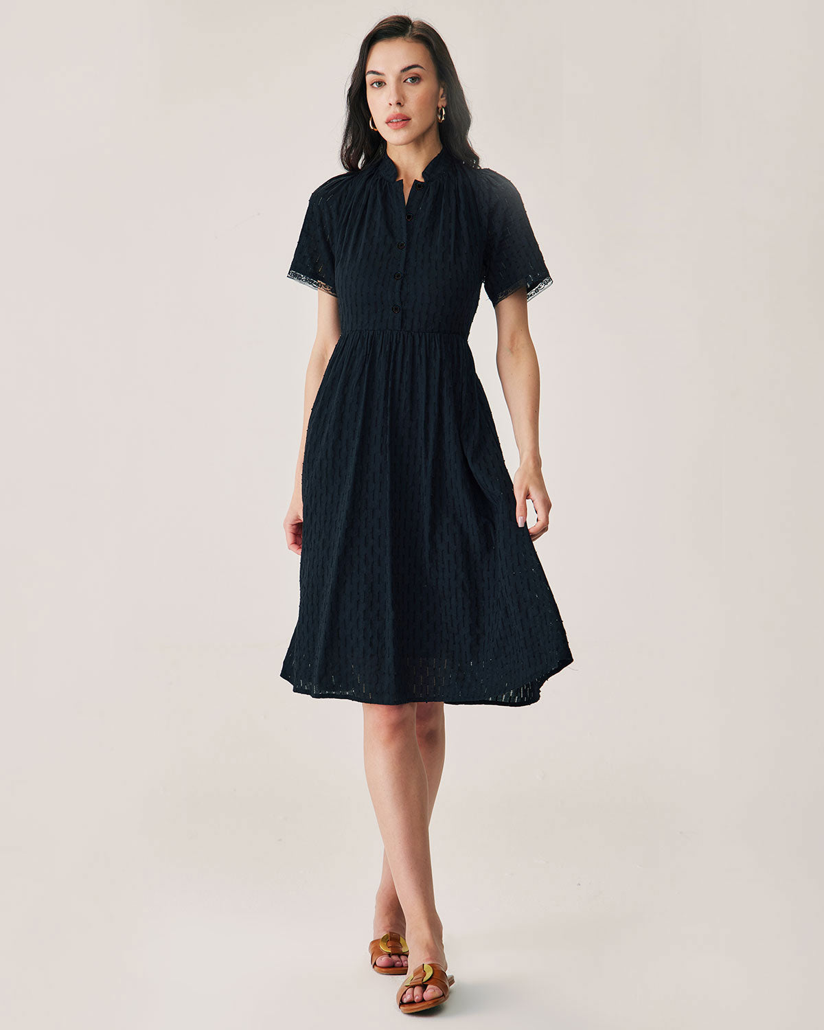 Black Lace Button Midi Dress