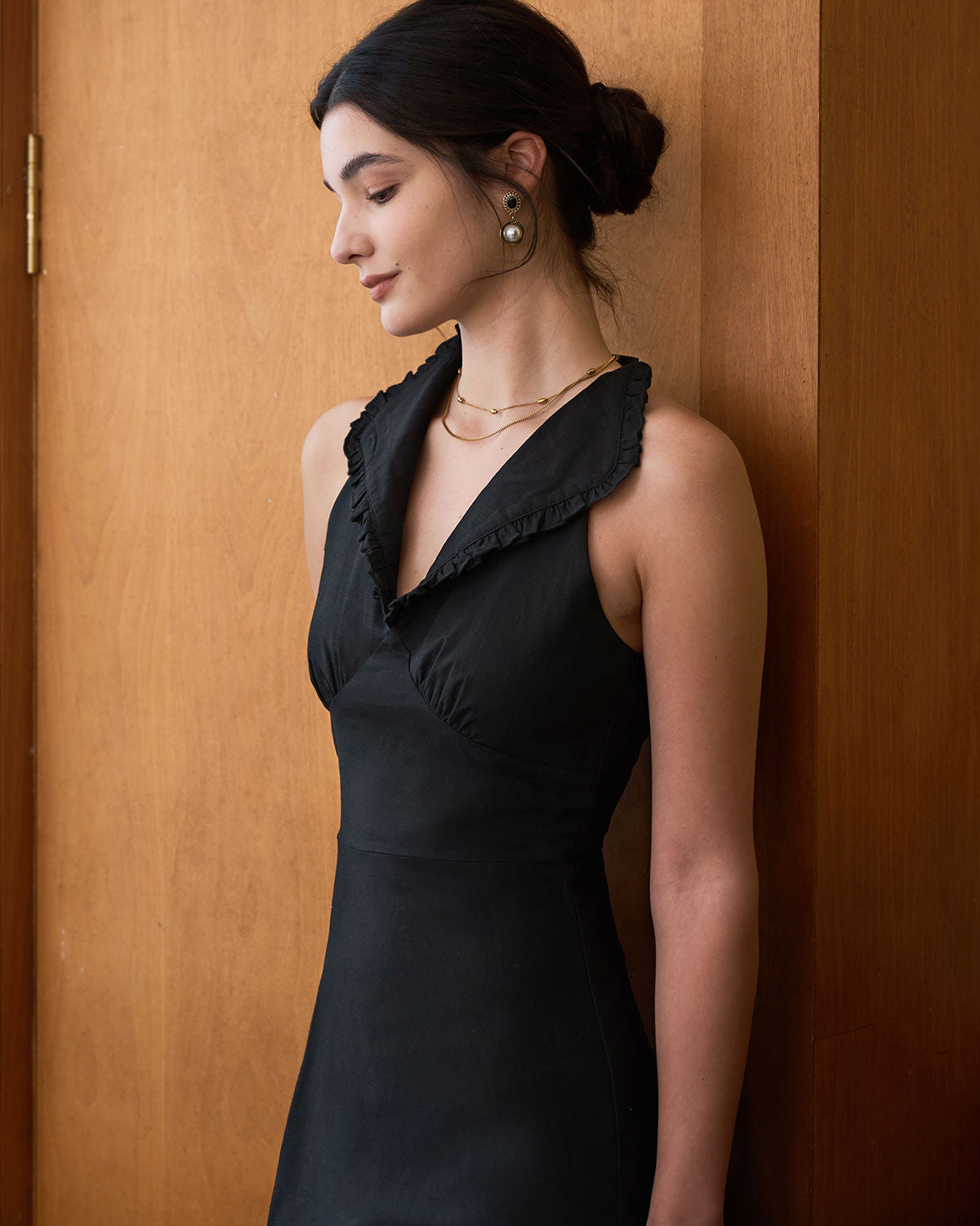 The Black Collared Frill Trim Linen Maxi Dress