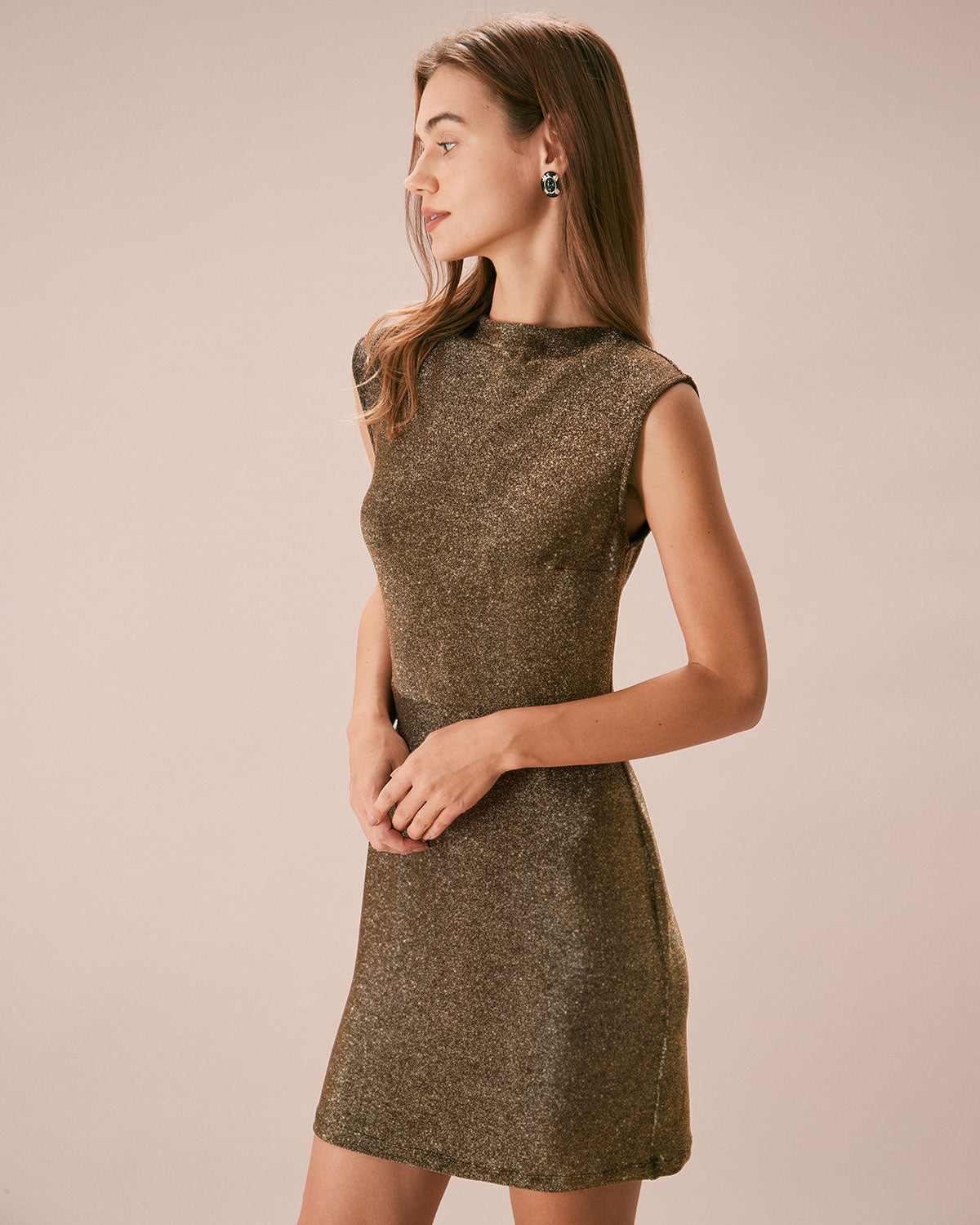 The Gold Mock Neck Lurex Mini Dress