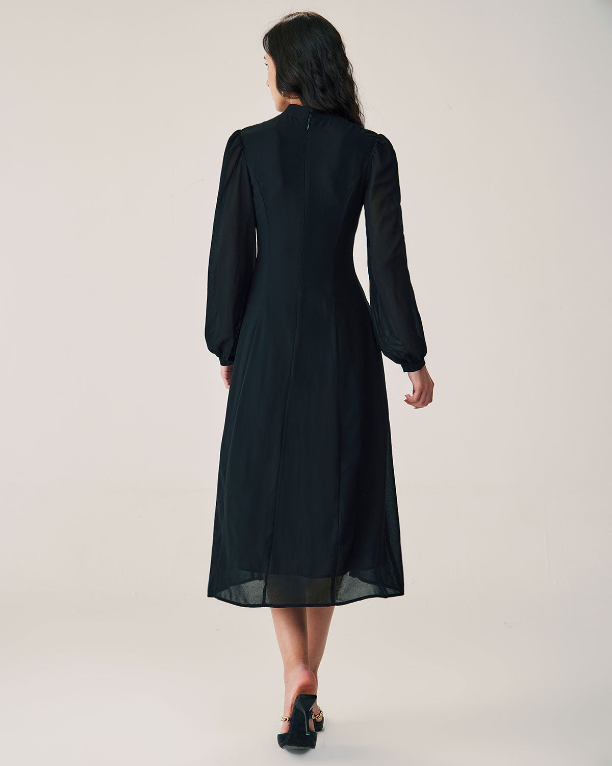 Black Sheer Turtleneck Flowy Midi Dress