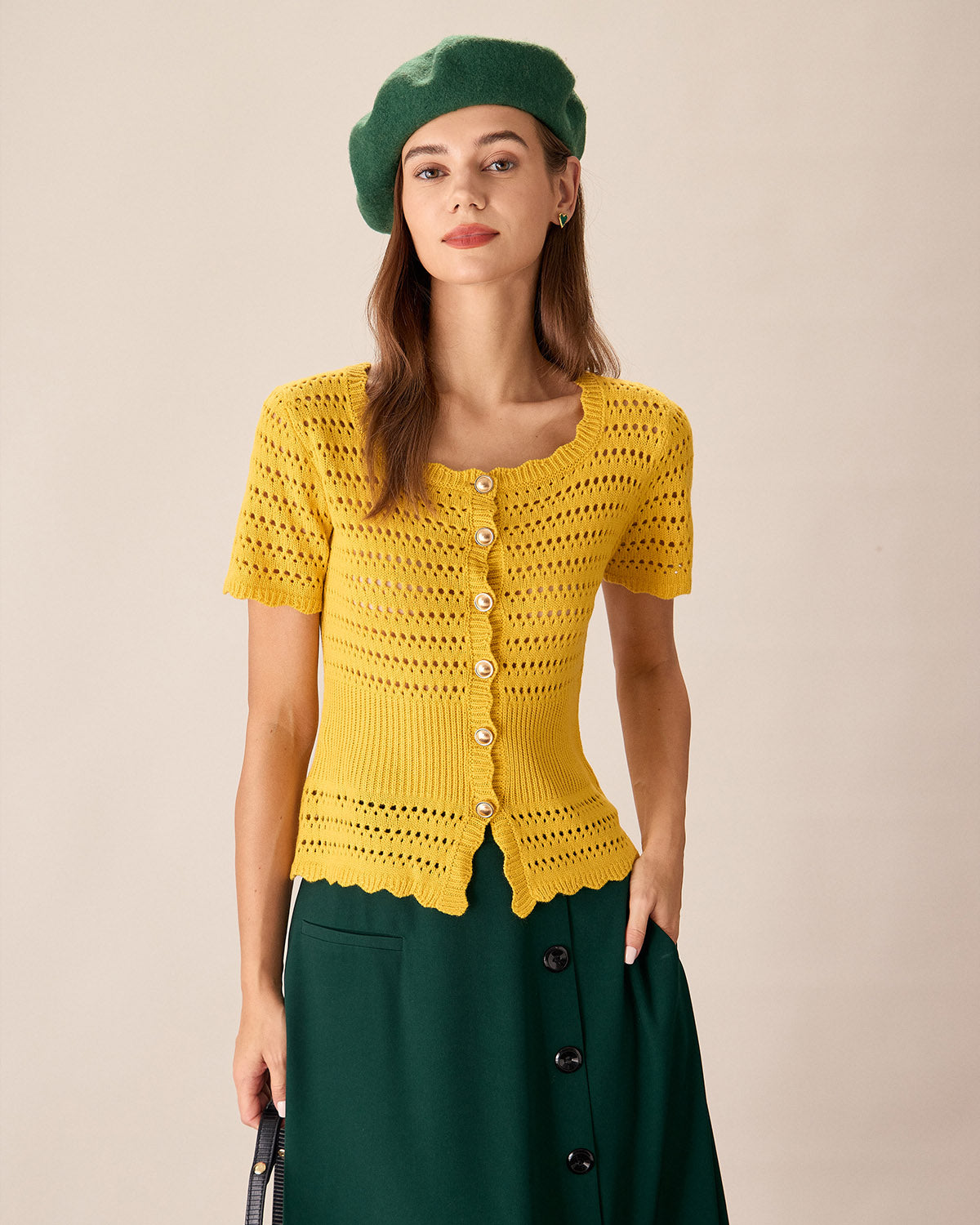 Yellow Crochet Single-Breasted Cardigan