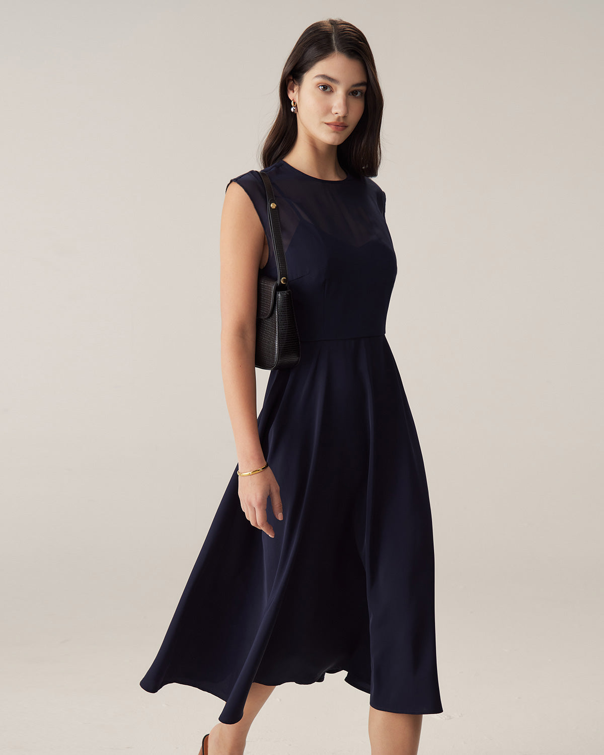 Navy See-through Cap Sleeve Midi Dress