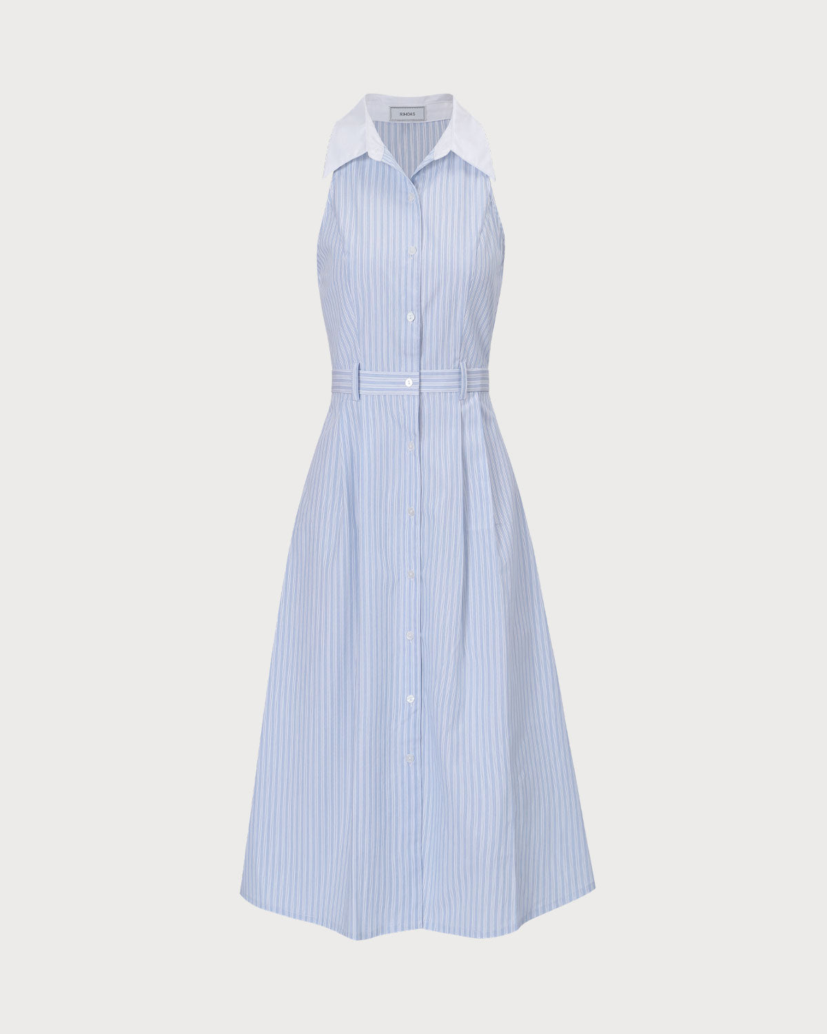 The Blue Lapel Button-Up Striped Midi Dress