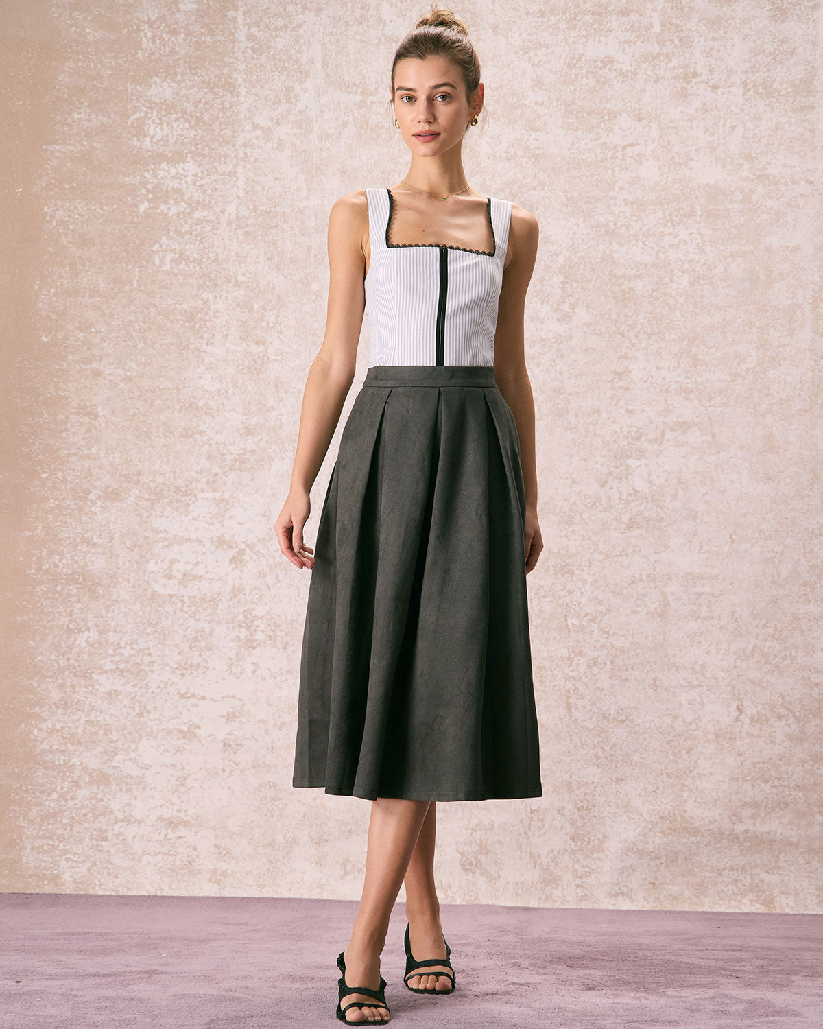 The Green High Waisted A Line Pleated Midi Skirt