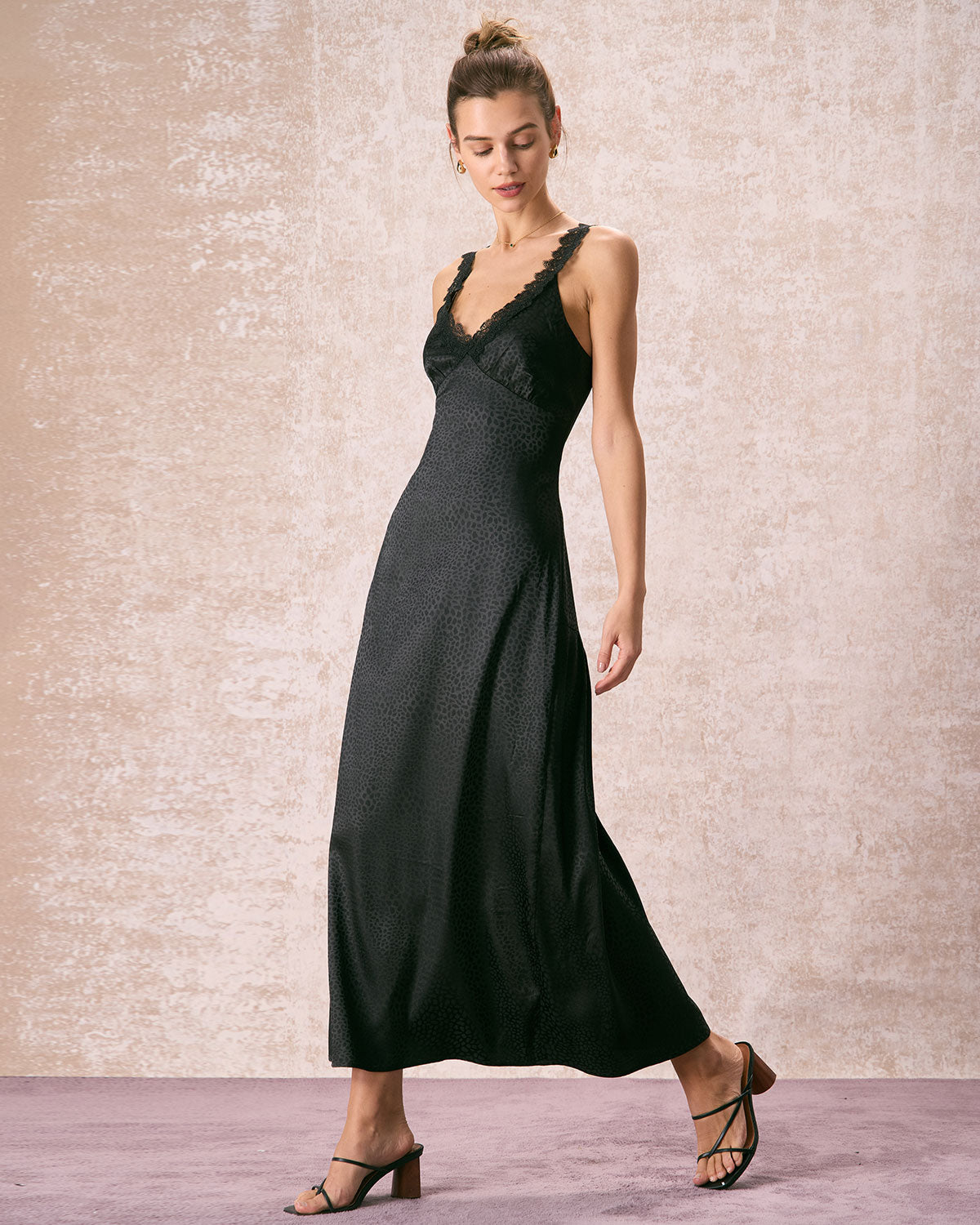 The Black V Neck Lace Jacquard Maxi Dress