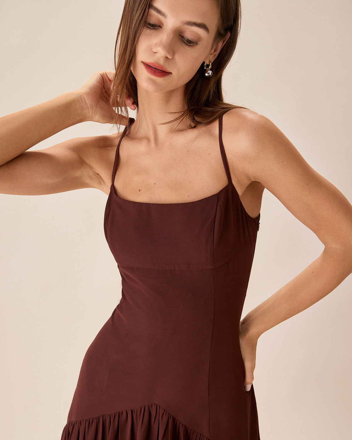 Brown Chiffon Ruched Slip Midi Dress