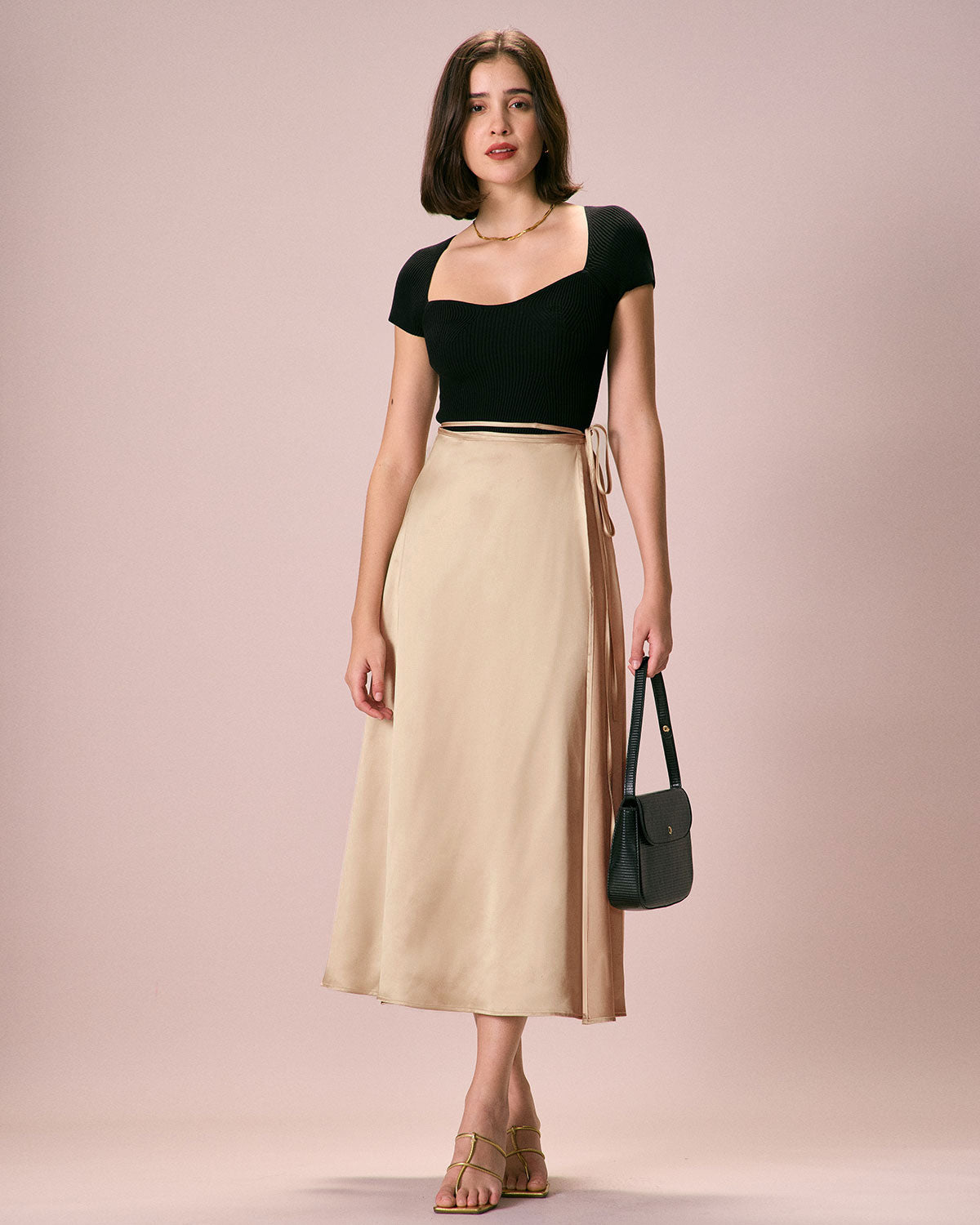 The Khaki Satin Lace-Up Wrap Midi Skirt