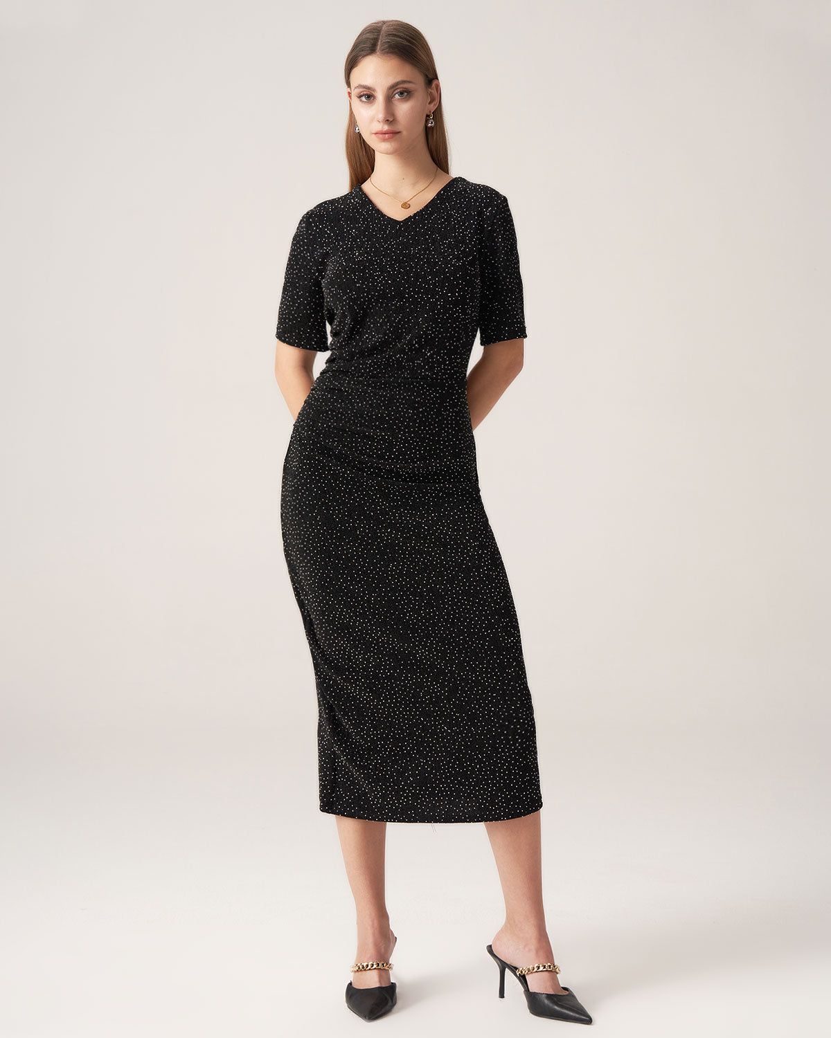 Bettydress Black Polka Dot V-Neck Midi Dress