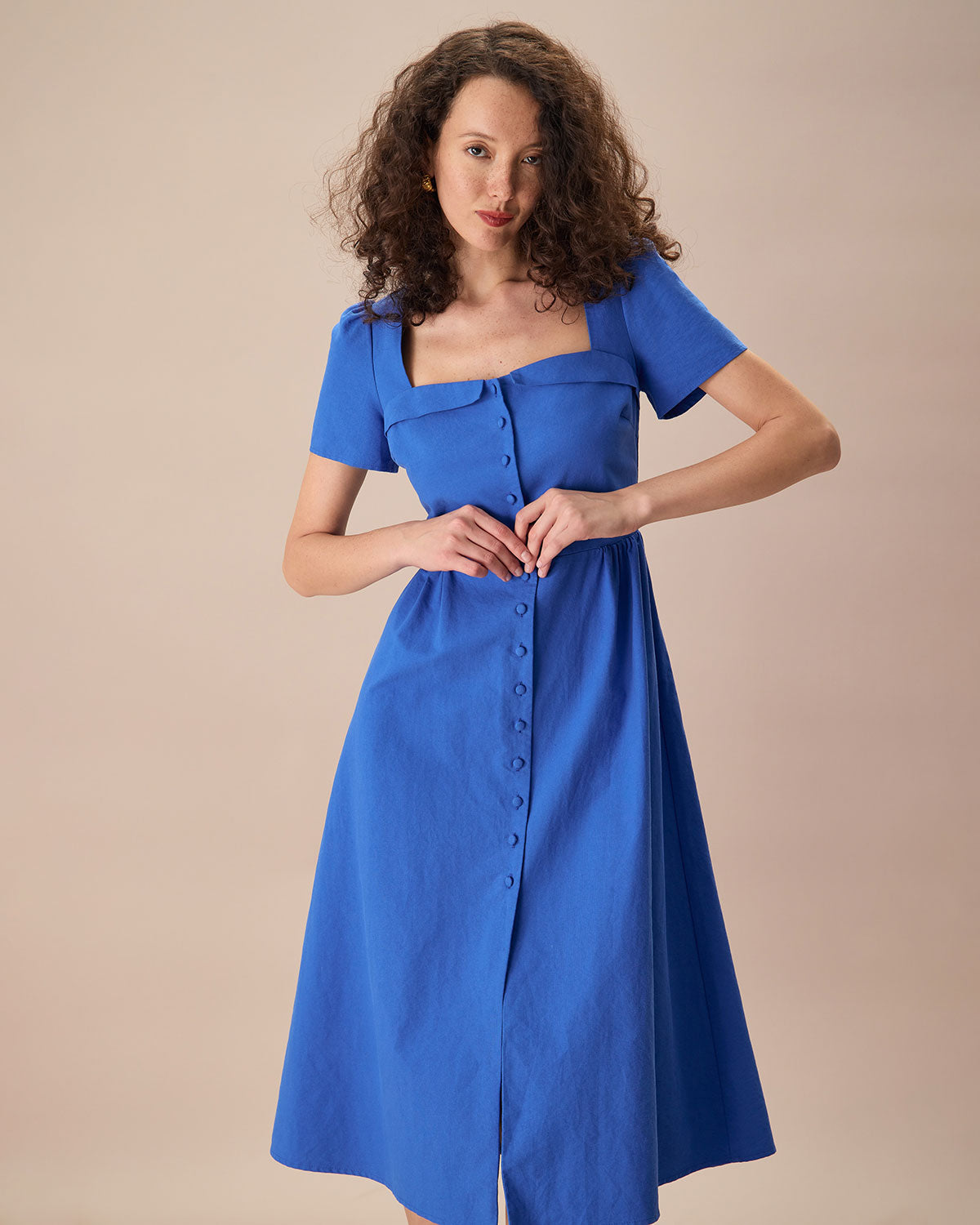 The Blue Sweetheart Neck Button Midi Dress