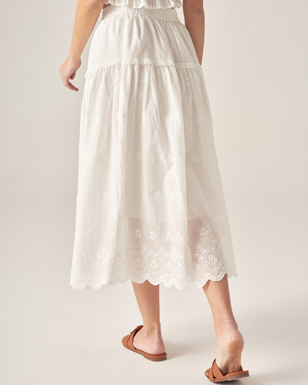 White Embroidery A-Line Midi Skirt